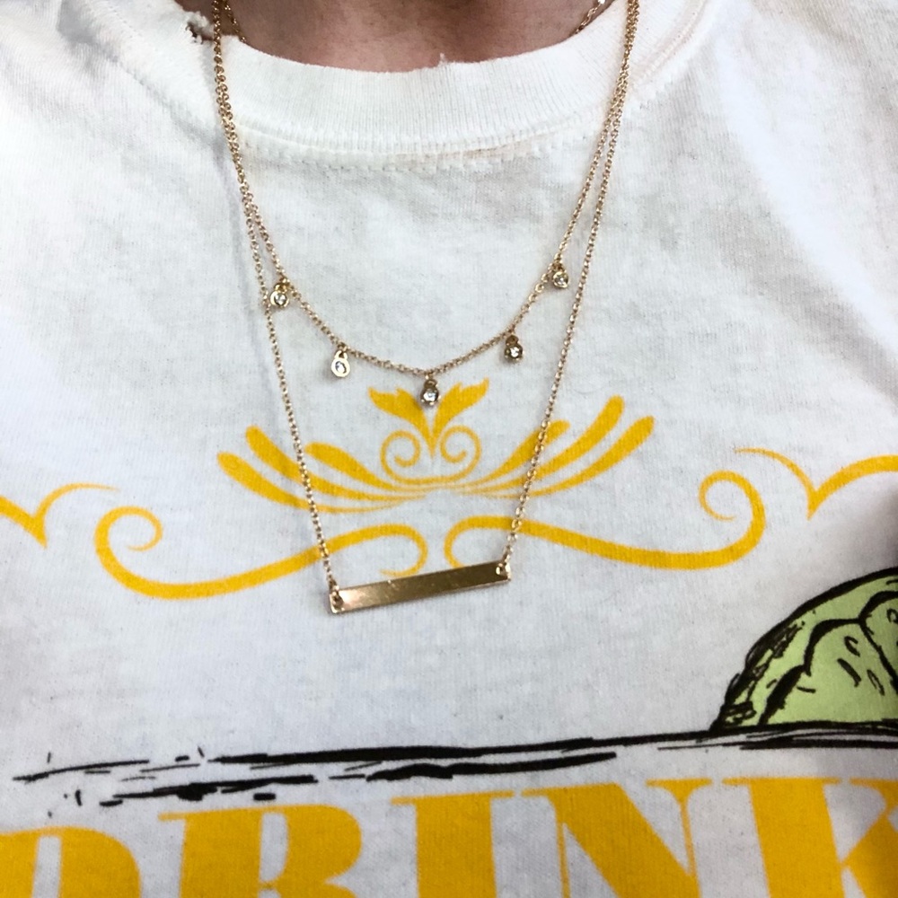 Gold Double Layer Bar and Crystals Necklace